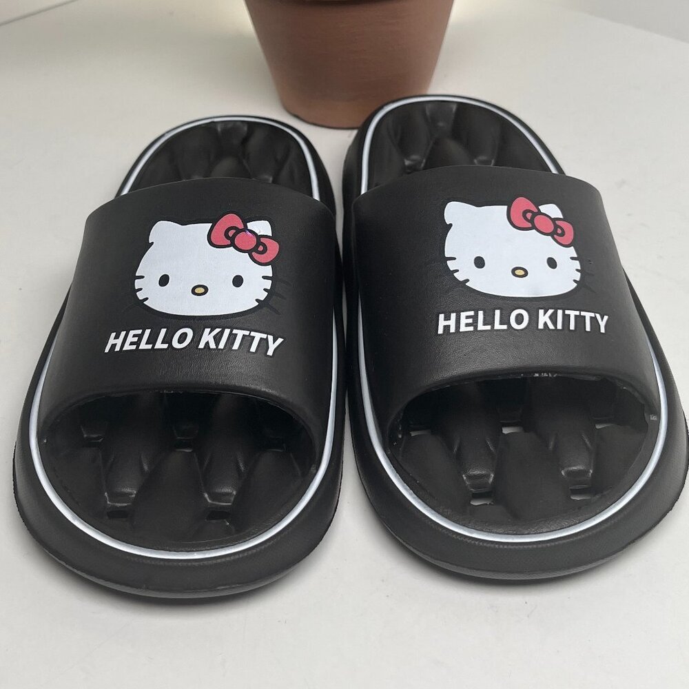 Hello Kitty Black Slippers with Logo Strap Breathable Sole Mini Holes